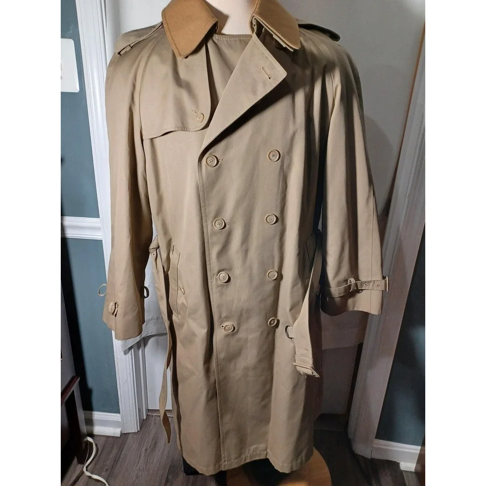 J.G. Hook Trench Coat Mens 40L Beige Belted Wool‎ Liner Rain Long Classic